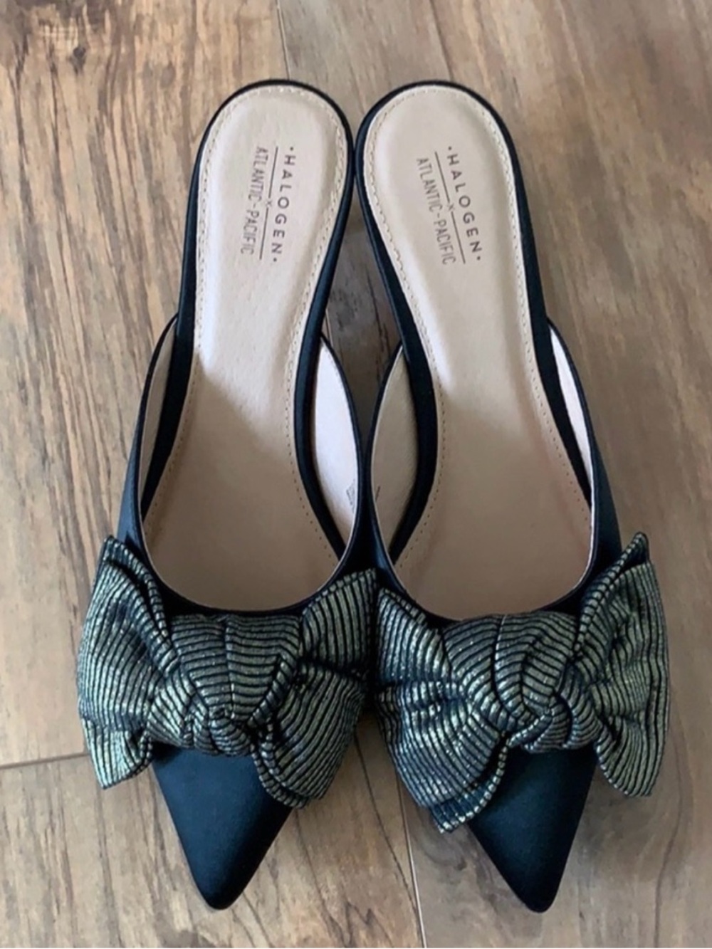 Halogen x Atlantic-Pacific Black Bow Pointed Heels | Metallic Detail Slip-On